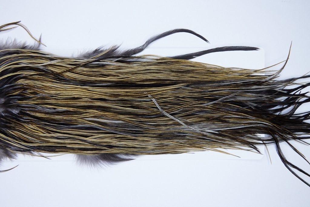 1852 Heritage Dry Fly Hackle, 2 Grade Rooster Saddle Heritage Dry Fly Hackle, Vermiculated Badger Ties Size 12-14