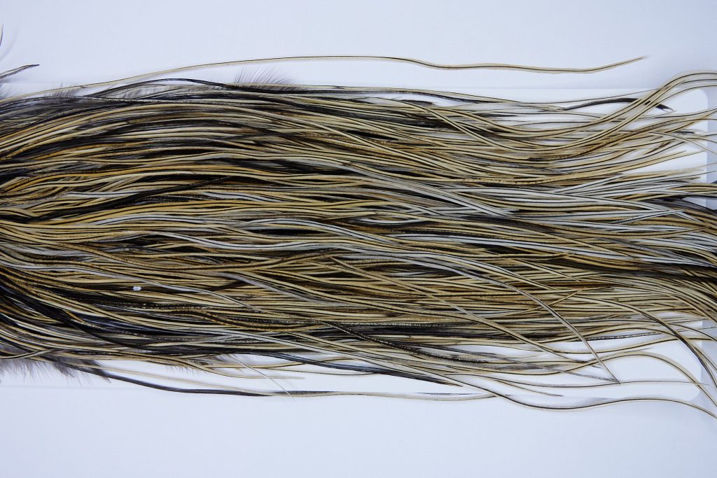 1858 Heritage Dry Fly Hackle, 2 Grade Rooster Saddle Heritage Dry Fly Hackle, Vermiculated Badger Ties Size 14-16